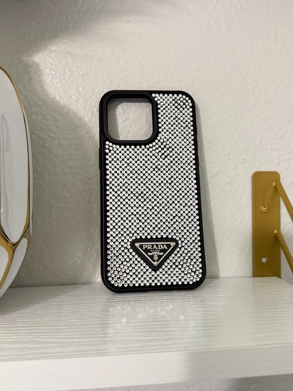 Prada iPhone 15 Pro Max Blackwith Silver Crystal Embellishment